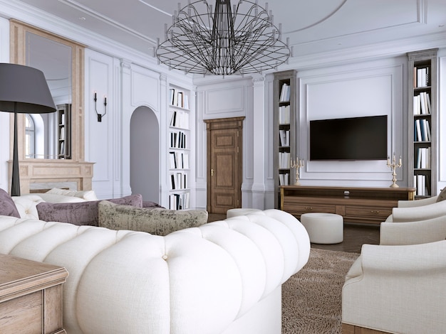 Interior da sala de estar confortável e luminosa em estilo clássico. Renderização 3D.