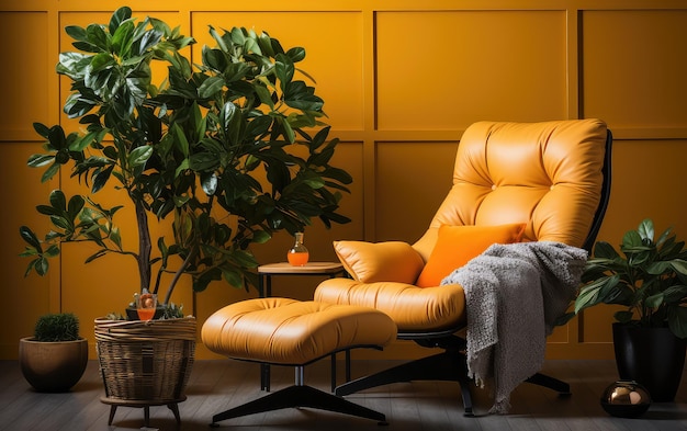 Interior da sala de estar de tema de cor laranja com móveis