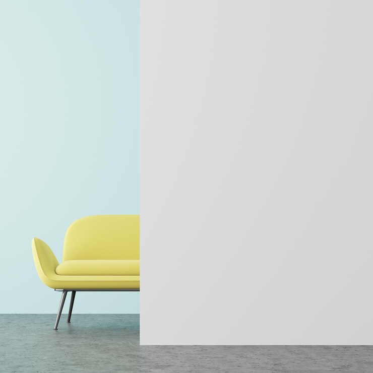 Foto interior da sala de estar em branco e azul claro com piso de concreto, um sofá macio amarelo e um fragmento de parede em branco. simulação de renderização 3d