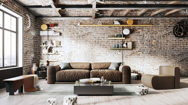 Foto interior da sala de estar em estilo industrial loft