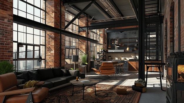 Foto interior da sala de estar em estilo loft industrial ai generative