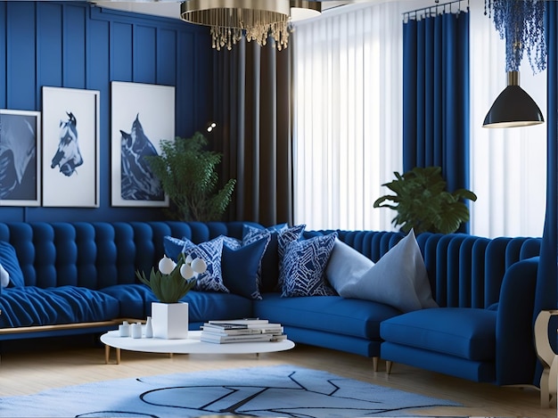 Interior da sala de estar em estilo moderno azul Conceito de cor Deep Blue