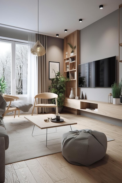 Interior da sala de estar em uma casa moderna em estilo Scandi