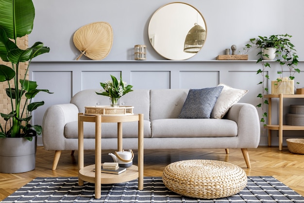Interior da sala de estar escandinava com sofá cinza de design, mesa de centro de madeira, plantas tropicais, prateleira, espelho, móveis, travesseiro xadrez, bule, livro e elegantes acessórios pessoais na decoração da casa.