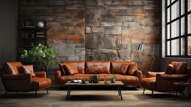 Interior da sala de estar industrial com sofá-cama e parede de tijolos