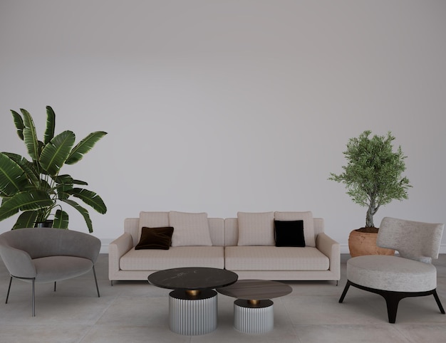 interior da sala de estar moderna tem sofá e planta com maquete de parede vazia