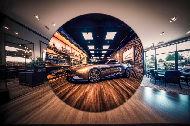 Foto interior da sala de exposições de carros desportivos de luxo