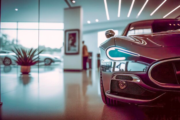 Foto interior da sala de exposições de carros desportivos de luxo