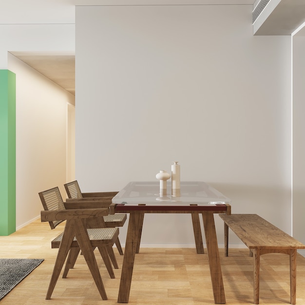 Interior da sala de jantar com mesa 3d render