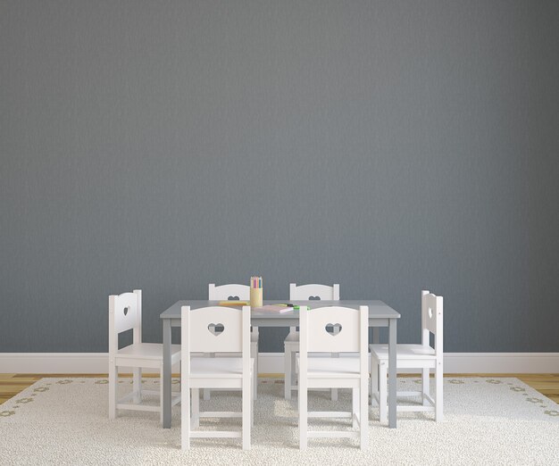 Interior da sala de jogos com mesa e cadeiras para crianças. Renderização 3D.
