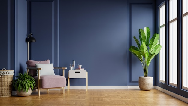 Interior da sala de luz com poltrona na parede vazia de azul escuro, renderização em 3D