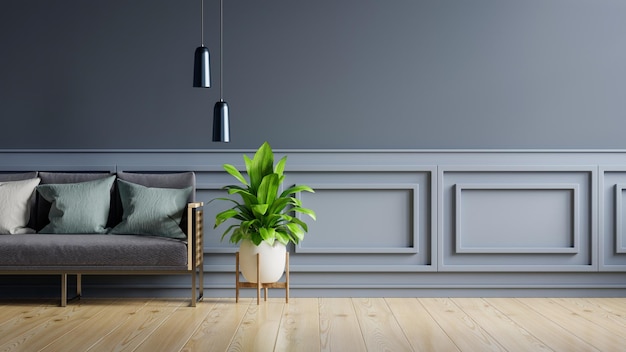 Interior da sala de maquete com sofá na parede azul escura vazia renderização em 3d