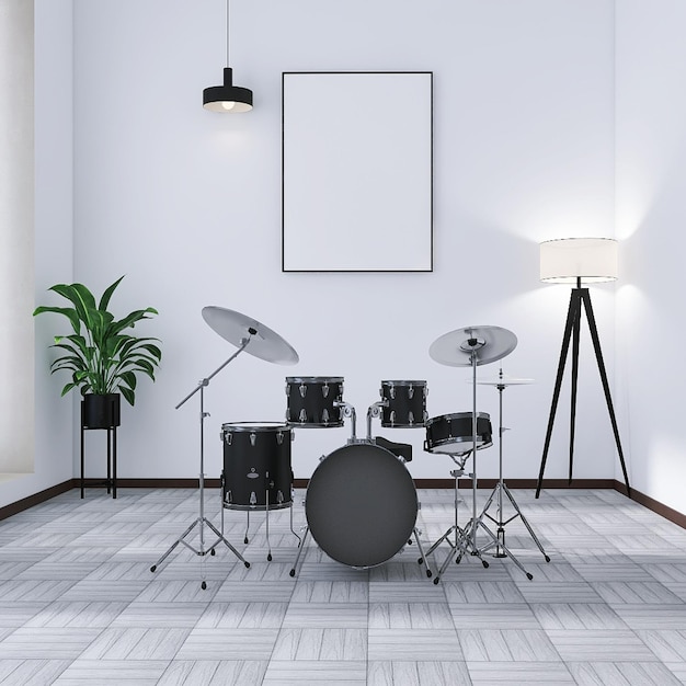 Interior da sala de música moderna e minimalista com fundo branco de banda de tambor de maquete de moldura de foto em branco