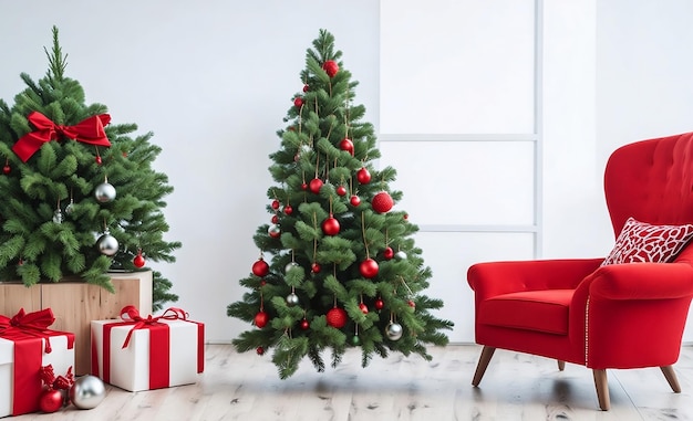 Interior da sala de Natal com caixas de presentes e árvore de Natal decorada