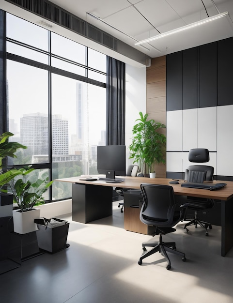 Interior da sala de reunião com mesa e cadeiras na janela