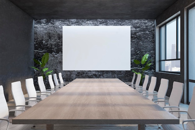Interior da sala de reunião de pedra designer criativo com cartaz branco vazio mock up na parede cadeiras de mesa de madeira plantas decorativas e janela com vista para a cidade Renderização em 3D conceito de embarque e apresentação
