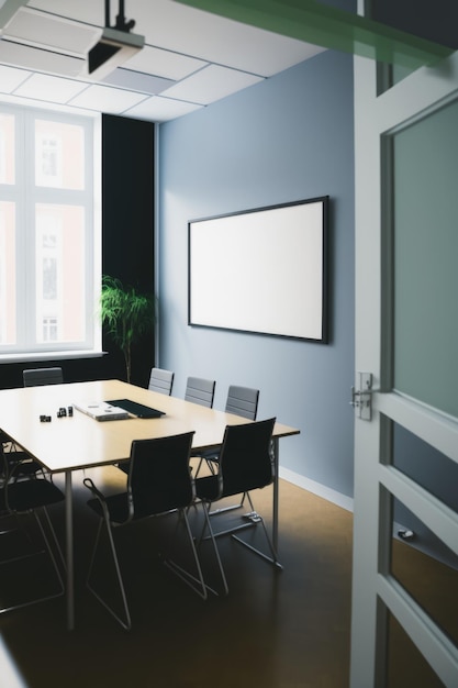 Interior da sala de reuniões com mesa de janela e cadeiras criadas usando tecnologia generativa de IA