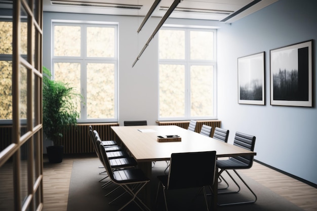 Interior da sala de reuniões com mesa e cadeiras do Windows criadas usando tecnologia generativa de IA