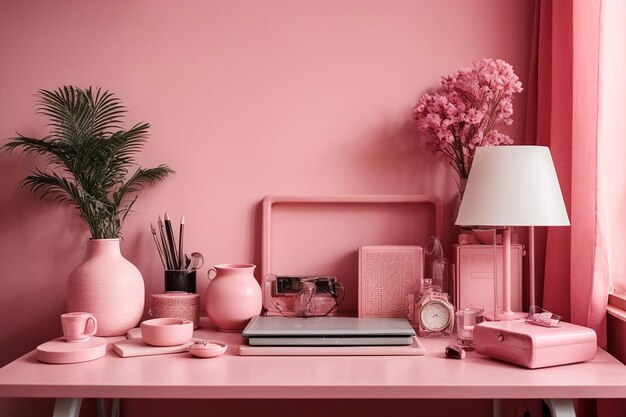Foto interior da sala em cor rosa monocromática lisa com acessórios de mesa e quarto