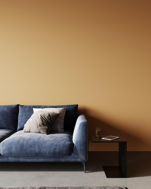 Interior da sala laranja maquete interior da sala de estar vazia parede laranja e sofá azul renderização em 3d