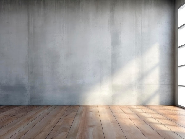 Interior da sala vazia com piso de madeira de paredes de concreto com clarabóia leve e suave da janela Fundo com copyspace Ai Generative ilustração