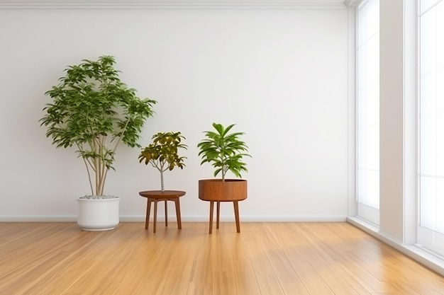 Interior da sala vazia com plantas e vasos no chão de madeira Conceito de natureza morta