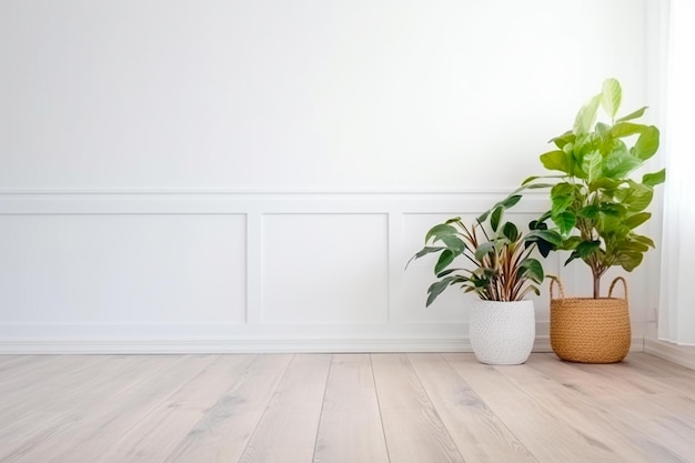 Interior da sala vazia com plantas e vasos no chão de madeira Conceito de natureza morta