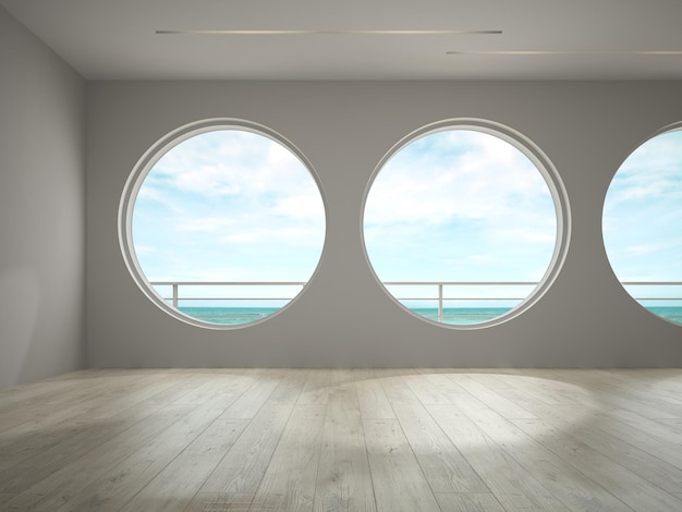 Interior da sala vazia com renderização em 3D com vista para o mar