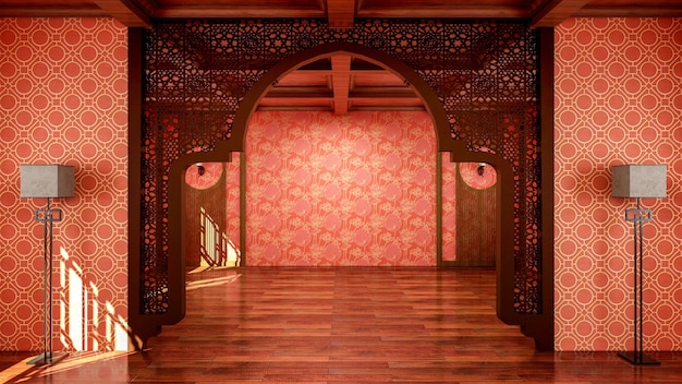 Interior da sala vazia de estilo tradicional chinês, espaço aberto com piso de madeira