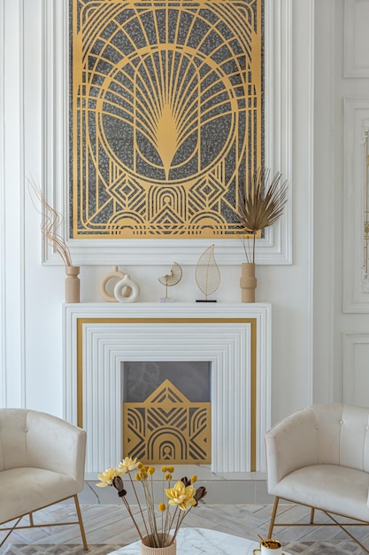 Interior de apartamento de luxo branco de neve com decoração em estilo egípcio com móveis leves e elegantes enormes janelas panorâmicas e um minimalismo e simplicidade de arco com a elegância do design de habitação moderno