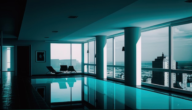 Interior de apartamento minimalista com móveis e piscina com luz do dia