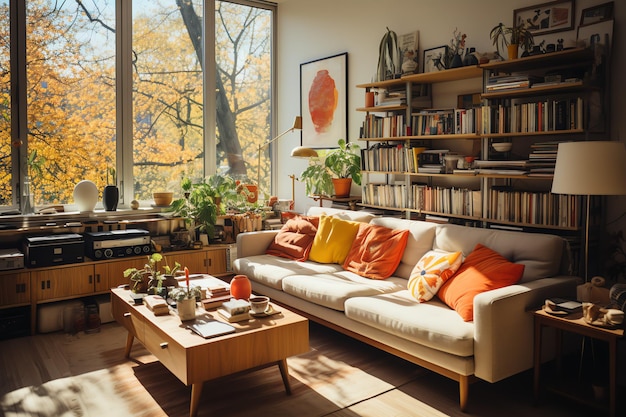 Interior de apartamento moderno em design de sala ou quarto com mesa de trabalho Casa de luxo escandinava