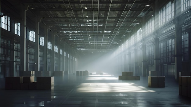 Interior de armazém industrial espaçoso banhado em luz natural retratando o vazio e a estrutura perfeita para uso de fundo AI