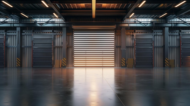 Interior de armazém industrial espaçoso com grande porta aberta que permite a entrada da luz solar