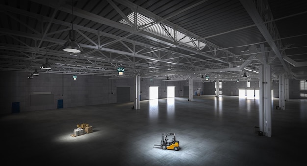Interior de armazém industrial vazio com empilhador