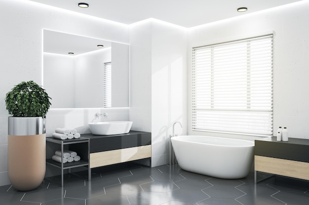 Interior de banheiro de concreto brilhante com janela de luz solar com vista para a cidade e banheira Hotel decor 3D Rendering