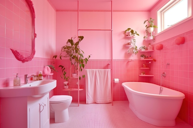 Interior de banheiro de luxo Banheiro de tema rosa Banheiro de cor rosa Gerado por IA