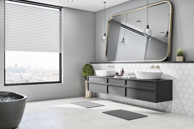 Interior de banheiro de luxo concreto moderno com janela brilhante e vista da cidade vários objetos Hotel e conceito de casa de luxo Renderização em 3D