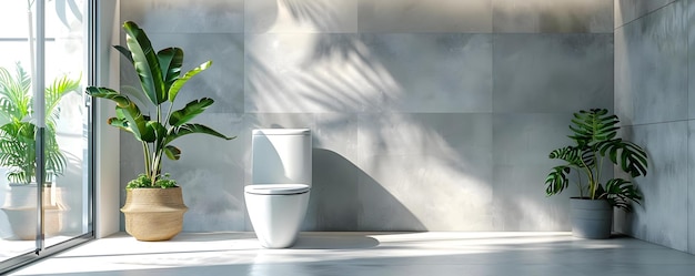 Interior de banheiro moderno exibindo um banheiro prístino acentuado por azulejos brancos elegantes Conceito de design de banheiro interior moderno Toalete prístino telhas brancas acentos elegantes
