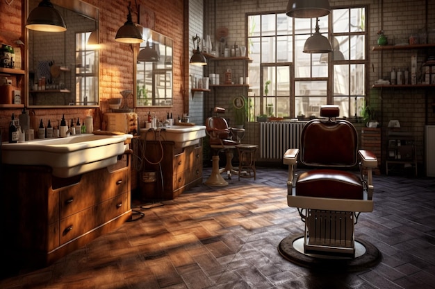 Interior de barbearia vintage com cadeiras e mesas com IA gerada