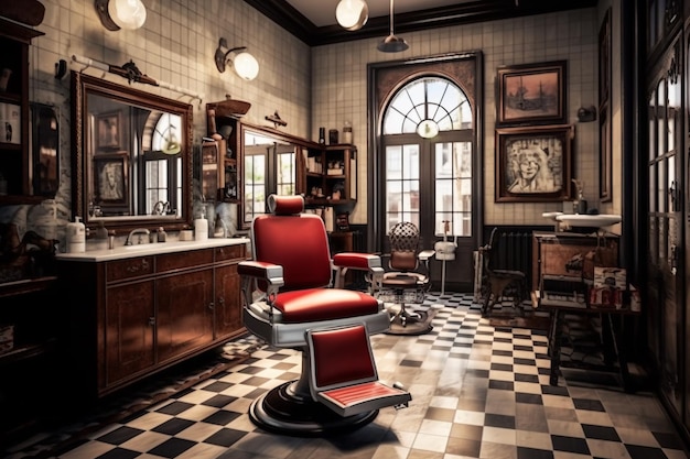 Interior de barbearia vintage com cadeiras e mesas com IA gerada