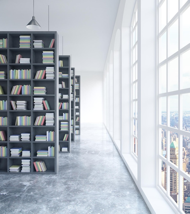 Foto interior de biblioteca de concreto moderno com prateleiras de livros luz do dia e vista da cidade renderização 3d