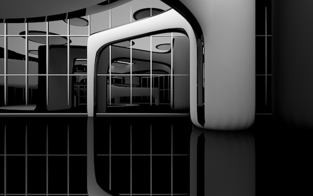 Foto interior de brilho branco e preto arquitetônico suave e abstrato de uma casa minimalista com janela grande
