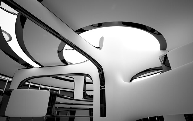 Interior de brilho branco e preto arquitetônico suave e abstrato de uma casa minimalista com janela grande