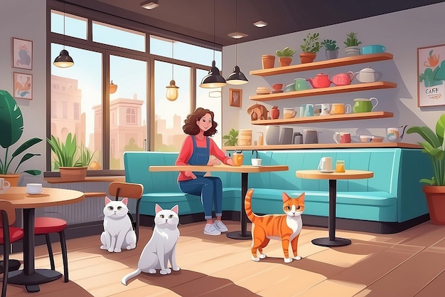 Interior de café amigável para cães e gatos com móveis e equipamentos Mulheres de desenho animado com animais de estimação