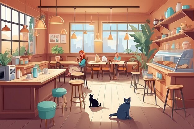 Interior de café amigável para cães e gatos com móveis e equipamentos Mulheres de desenho animado com animais de estimação