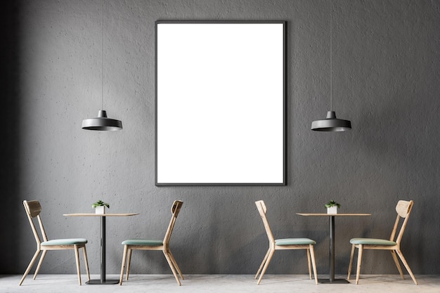 Interior de café de parede cinza escuro com piso de concreto e mesas de madeira com cadeiras. Sofás verdes e um cartaz. simulação de renderização 3D