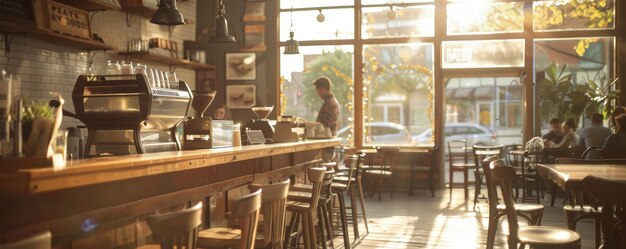 Foto interior de café vazio com sombras quentes de luz solar conceito de restaurante urbano contemporâneo