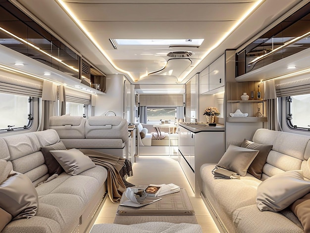 Interior de caravana luxuoso e moderno com espaço de vida confortável