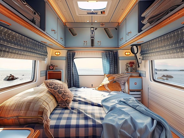 Foto interior de caravana luxuoso e moderno com espaço de vida confortável